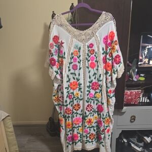 Free People White Maxi Dress with Colorful Floral Embroidery